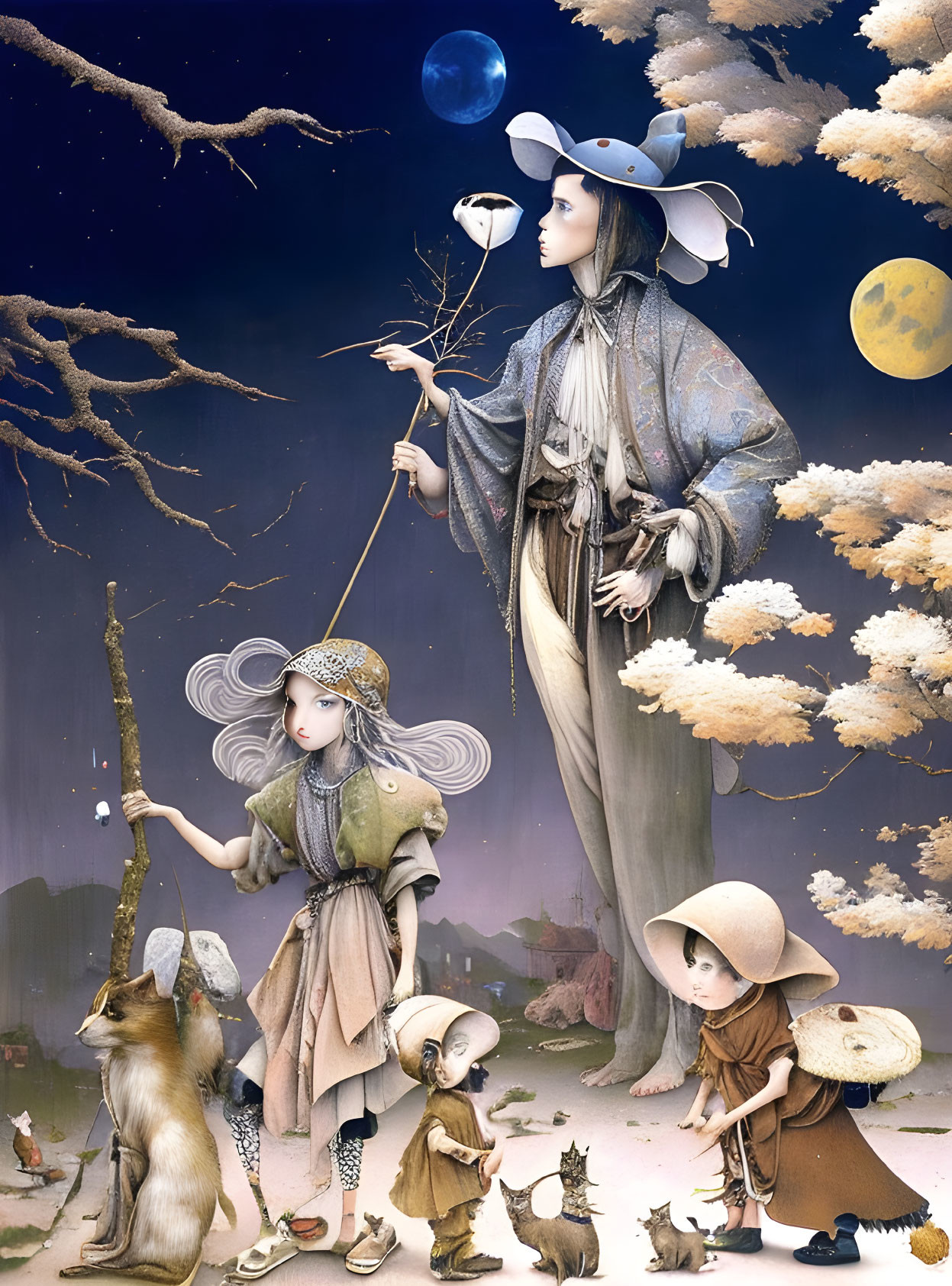 Surrealist artwork: Three figures in fantasy attire with animals under night sky