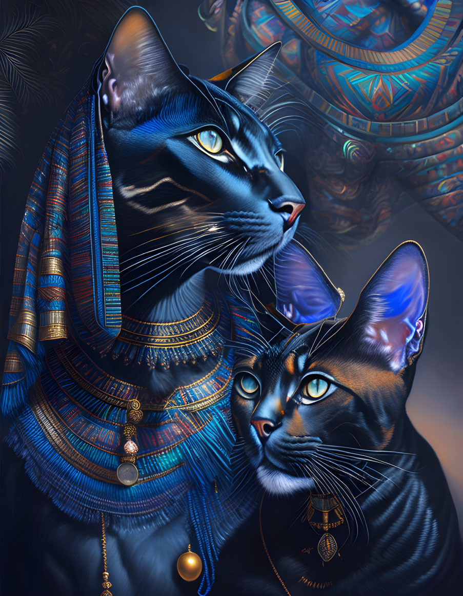 Ornately adorned majestic cats in Egyptian-style jewelry on intricate background