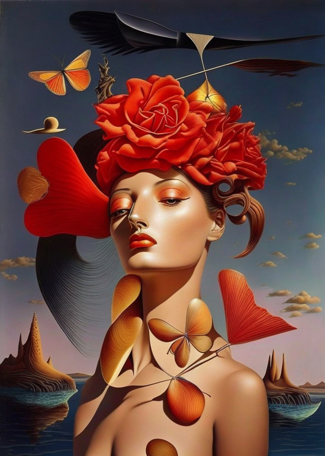 Surreal portrait of woman with roses, butterflies, seeds, and seascape