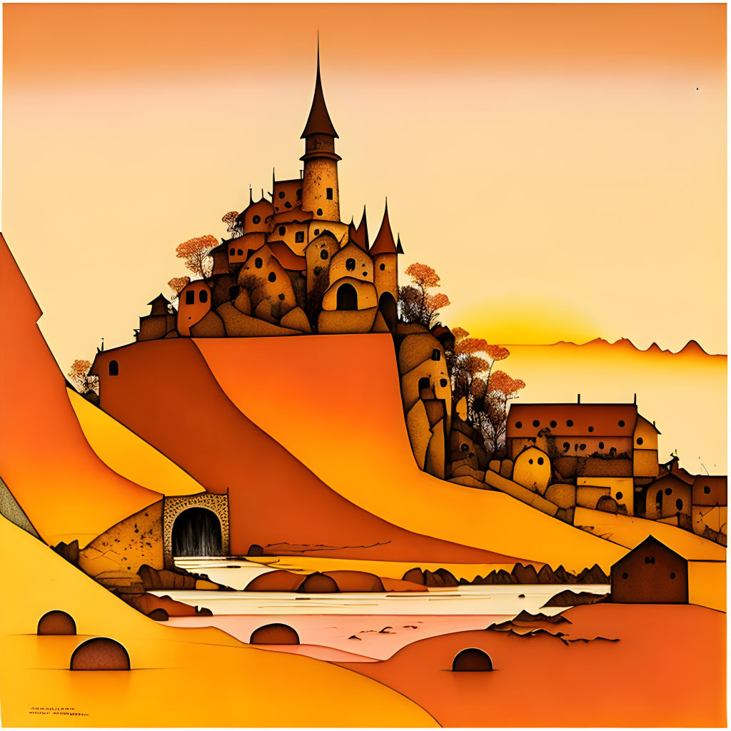 Whimsical orange and yellow landscape with castle, stylized houses, trees, and river