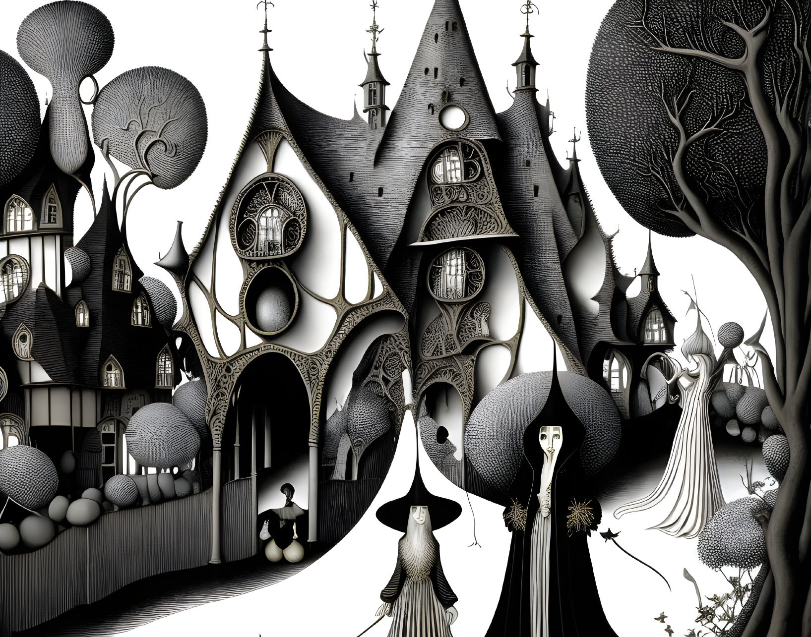 Detailed Monochromatic Fantasy Landscape with Gothic Architecture