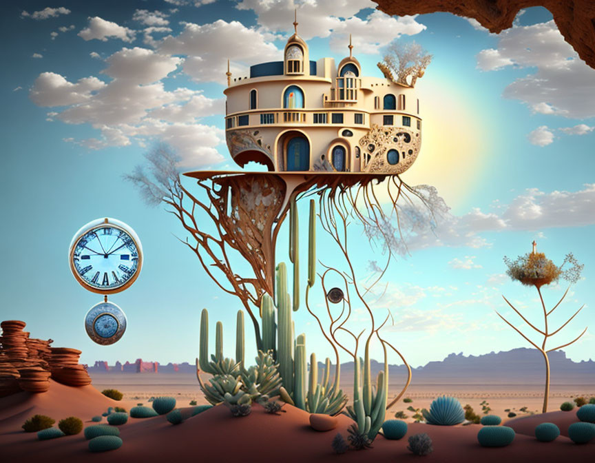 Surreal landscape featuring grandiose treehouse, cacti, and floating pocket watch under