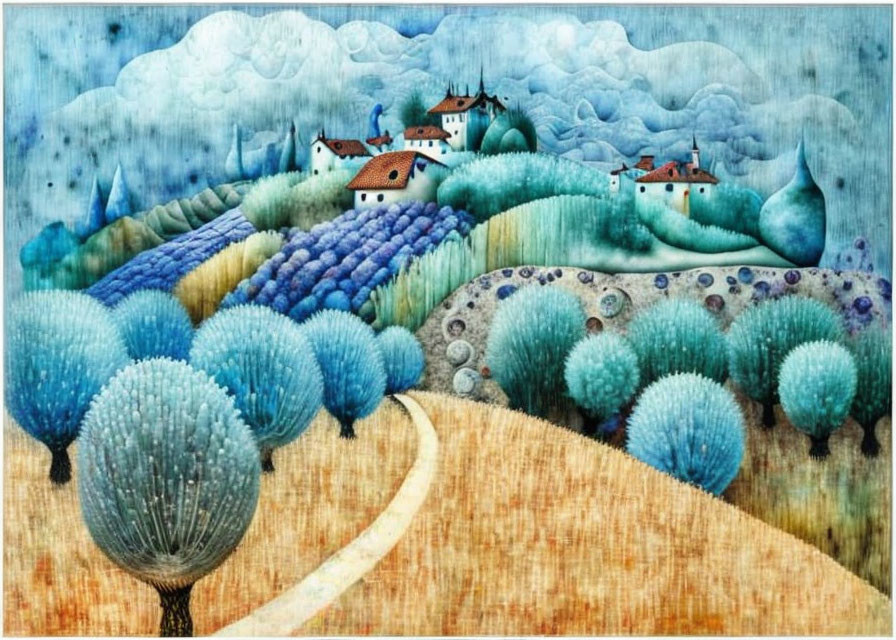 Whimsical painting of blue trees, rolling fields, village with red-roofed houses