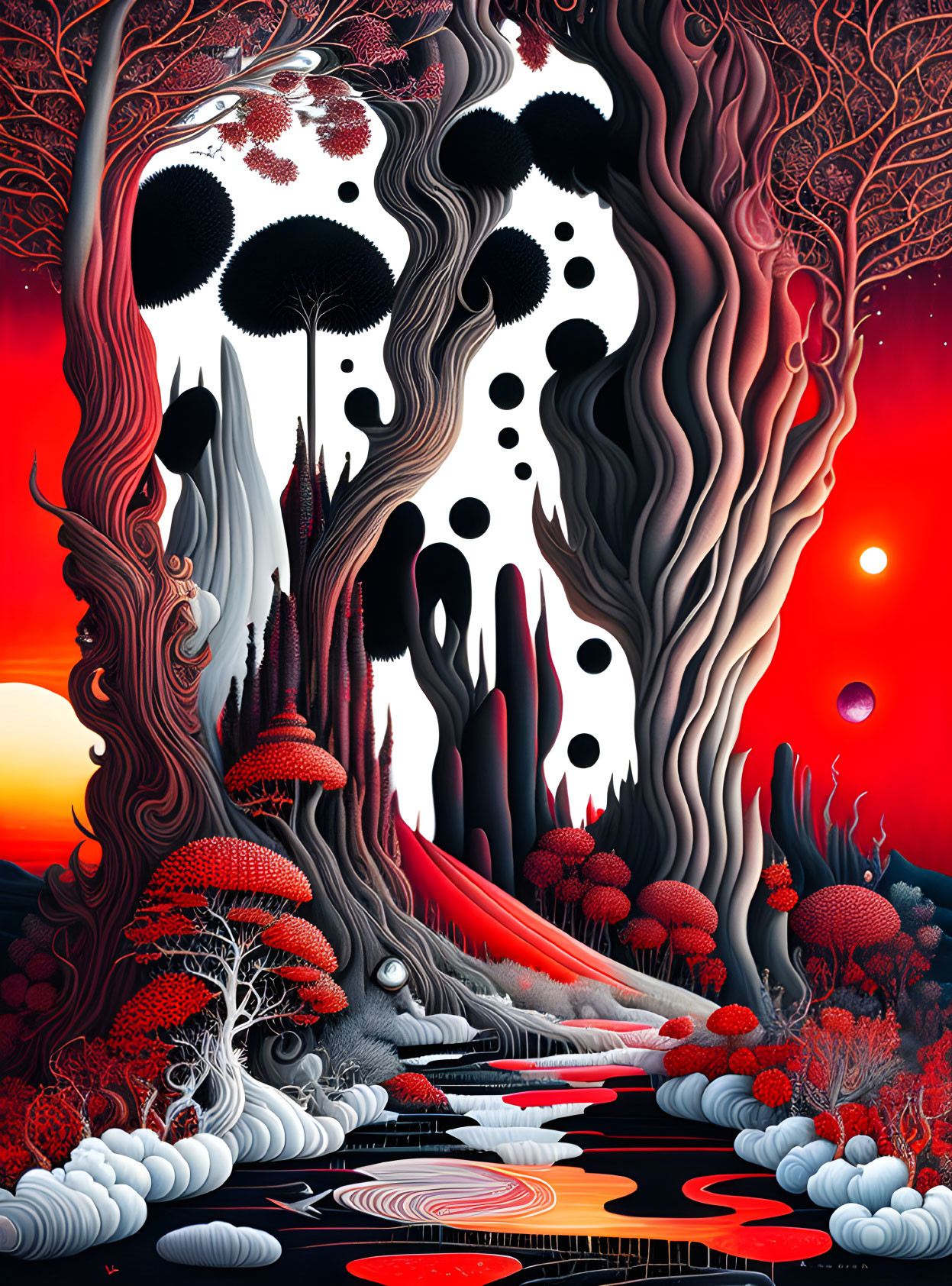 Surreal Red and Black Landscape with Stylized Elements