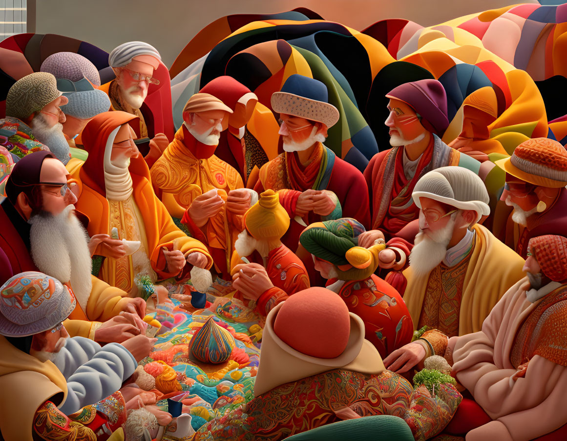 Colorful digital artwork of people in patterned robes discussing around a table.