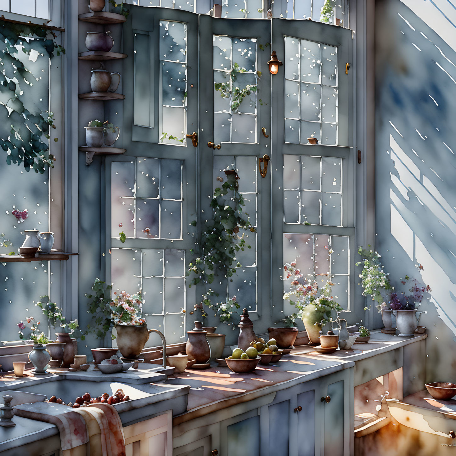 Sunlit Kitchen Corner with Grid Window, Climbing Plants, and Wooden Shelves