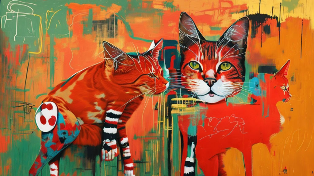 Colorful Stylized Cat Artwork with Bold Patterns and Abstract Background