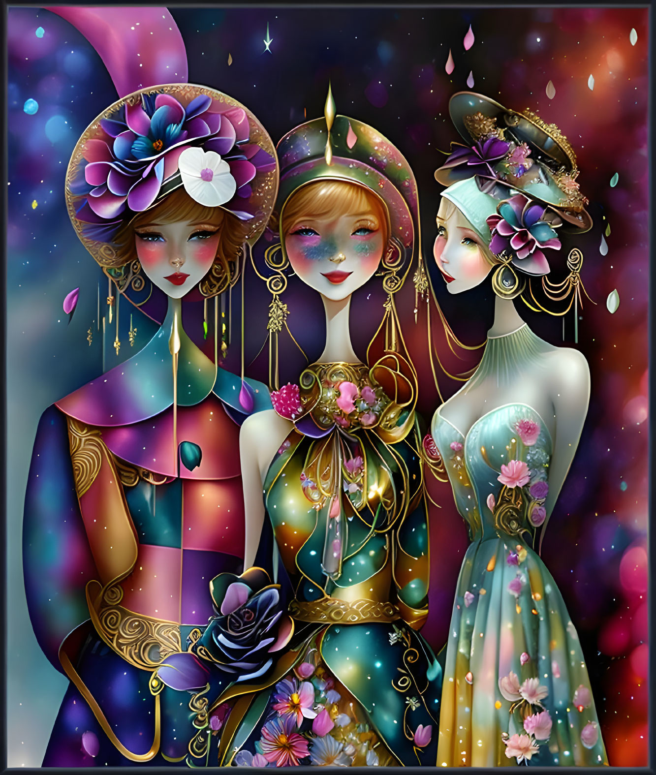 Stylized female figures in ornate floral hats against cosmic backdrop