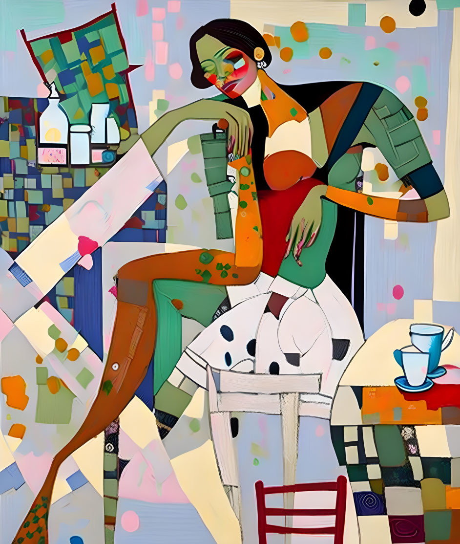 Abstract painting of a seated woman in a room with geometric shapes