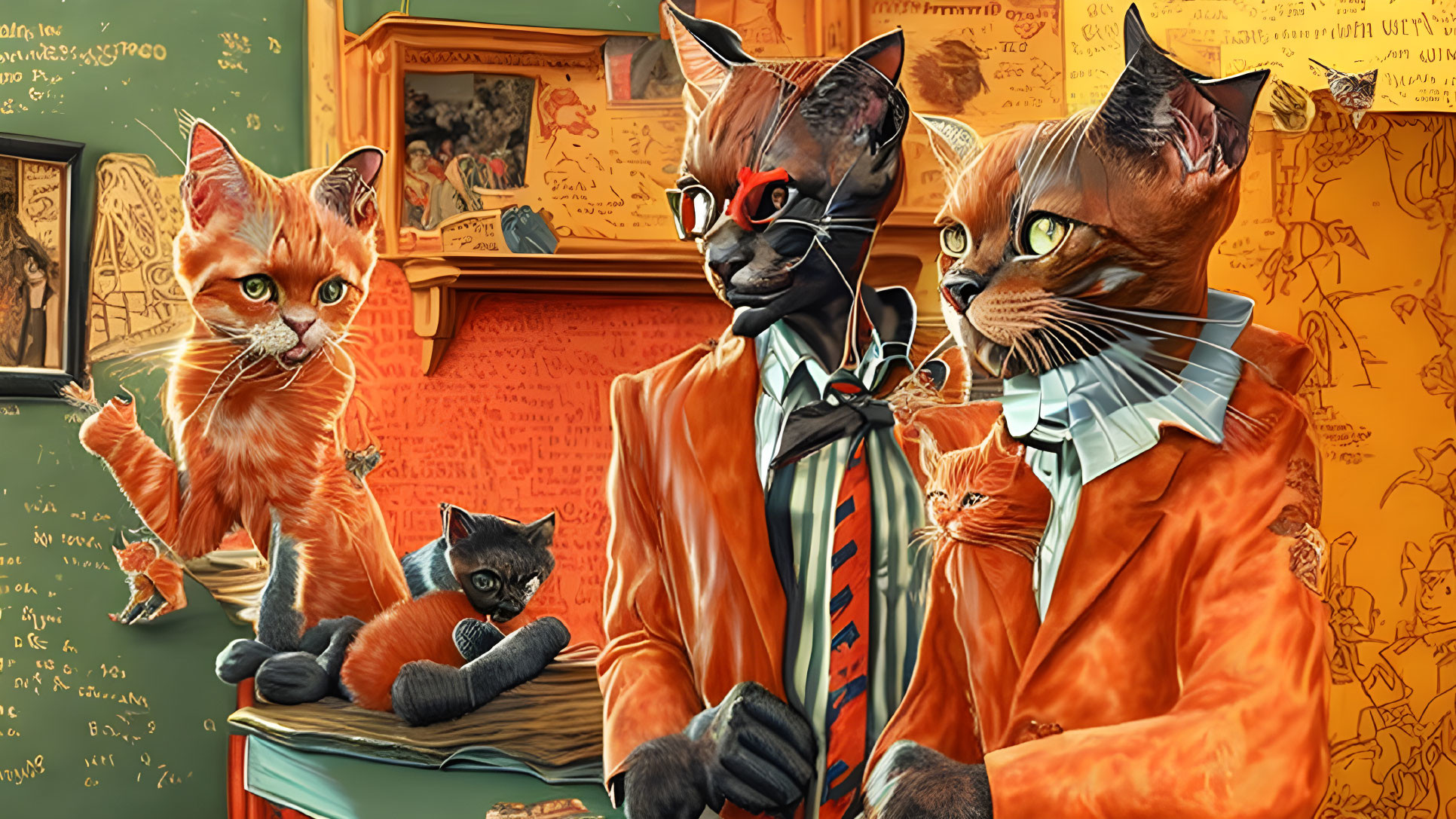 Anthropomorphic Cats in Office Setting with Books and Vintage Decor