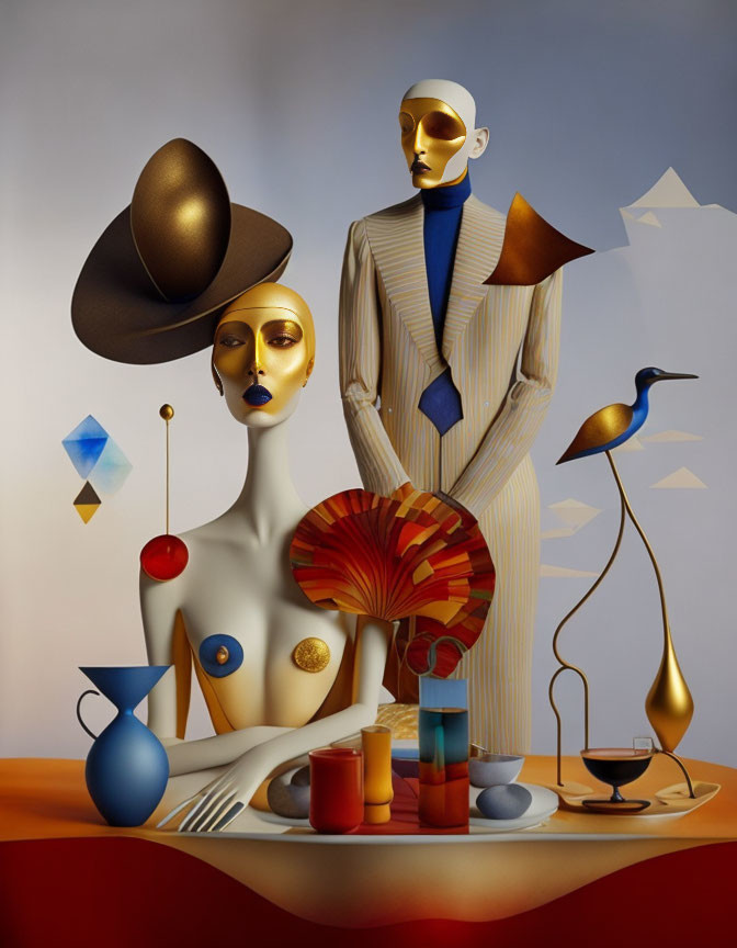 Golden humanoid figures in surreal scene with fan and suit, surrounded by abstract shapes and colorful objects.