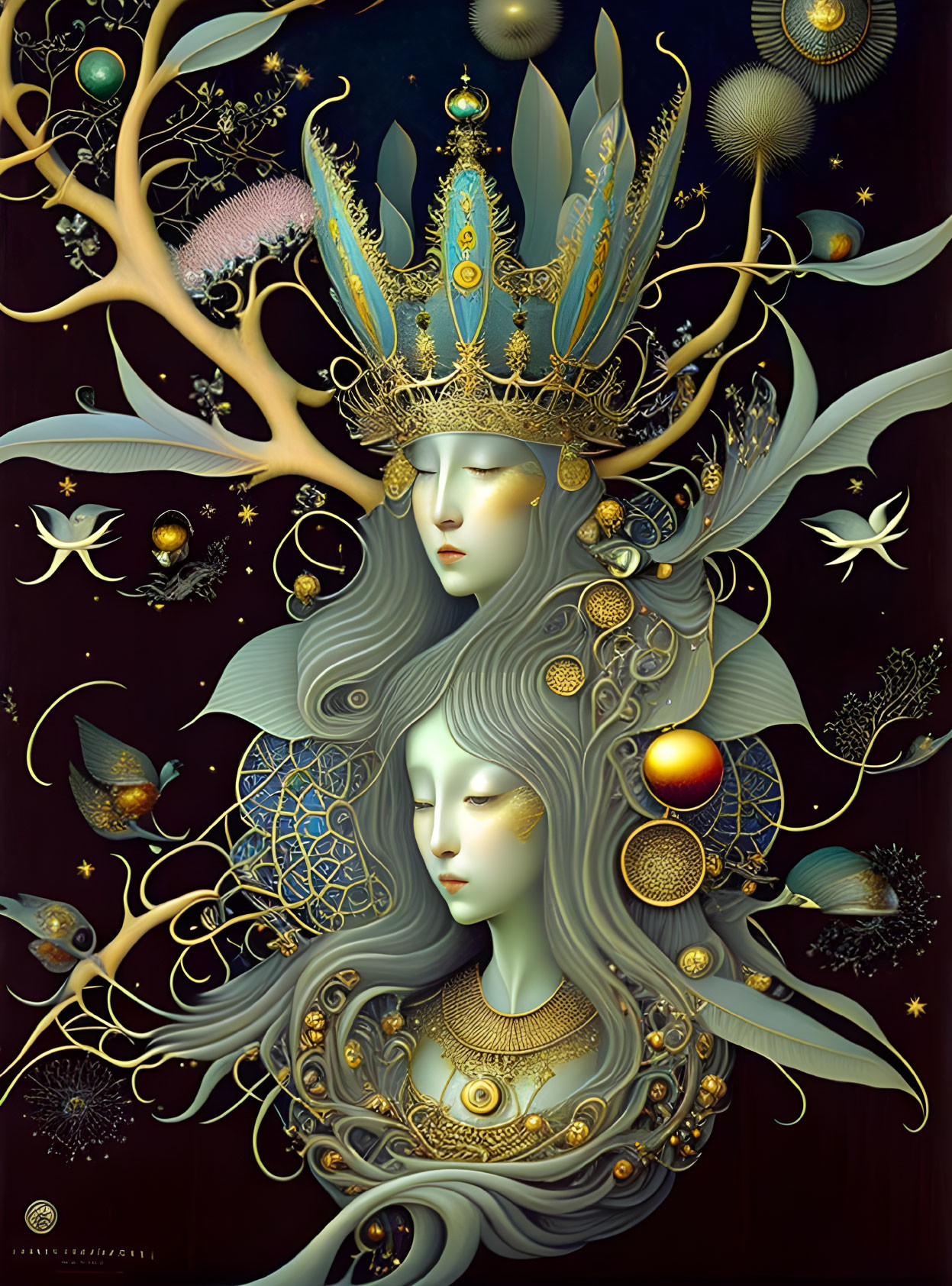 Surreal art featuring serene faces with golden crowns and celestial elements