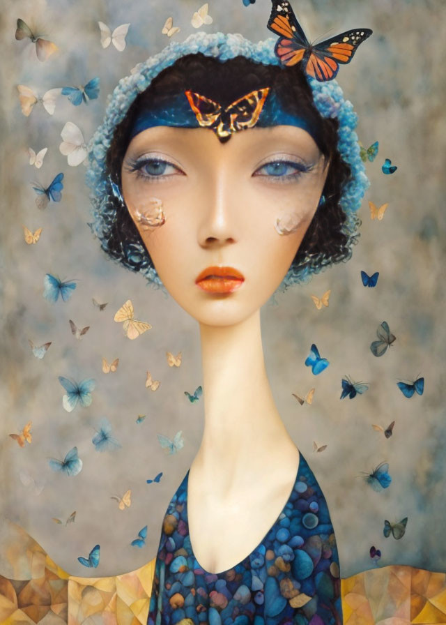 Stylized woman with butterflies on textured background