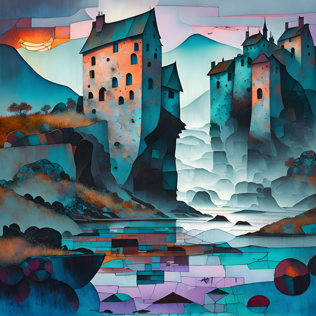 Medieval castle illustration in colorful landscape with river at dusk