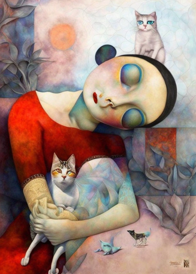 Surreal painting: Woman embracing cat with small cats in leafy setting