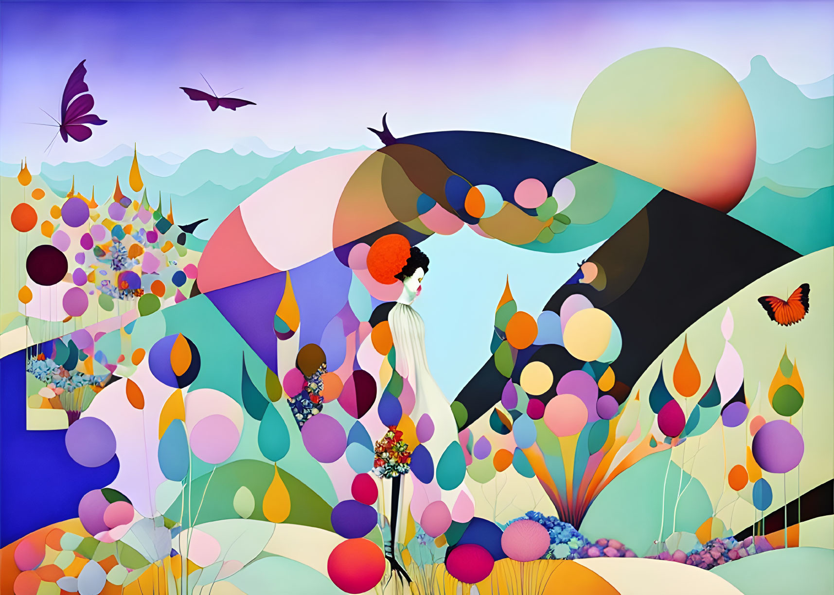 Whimsical landscape with woman, spheres, butterflies, abstract and natural elements