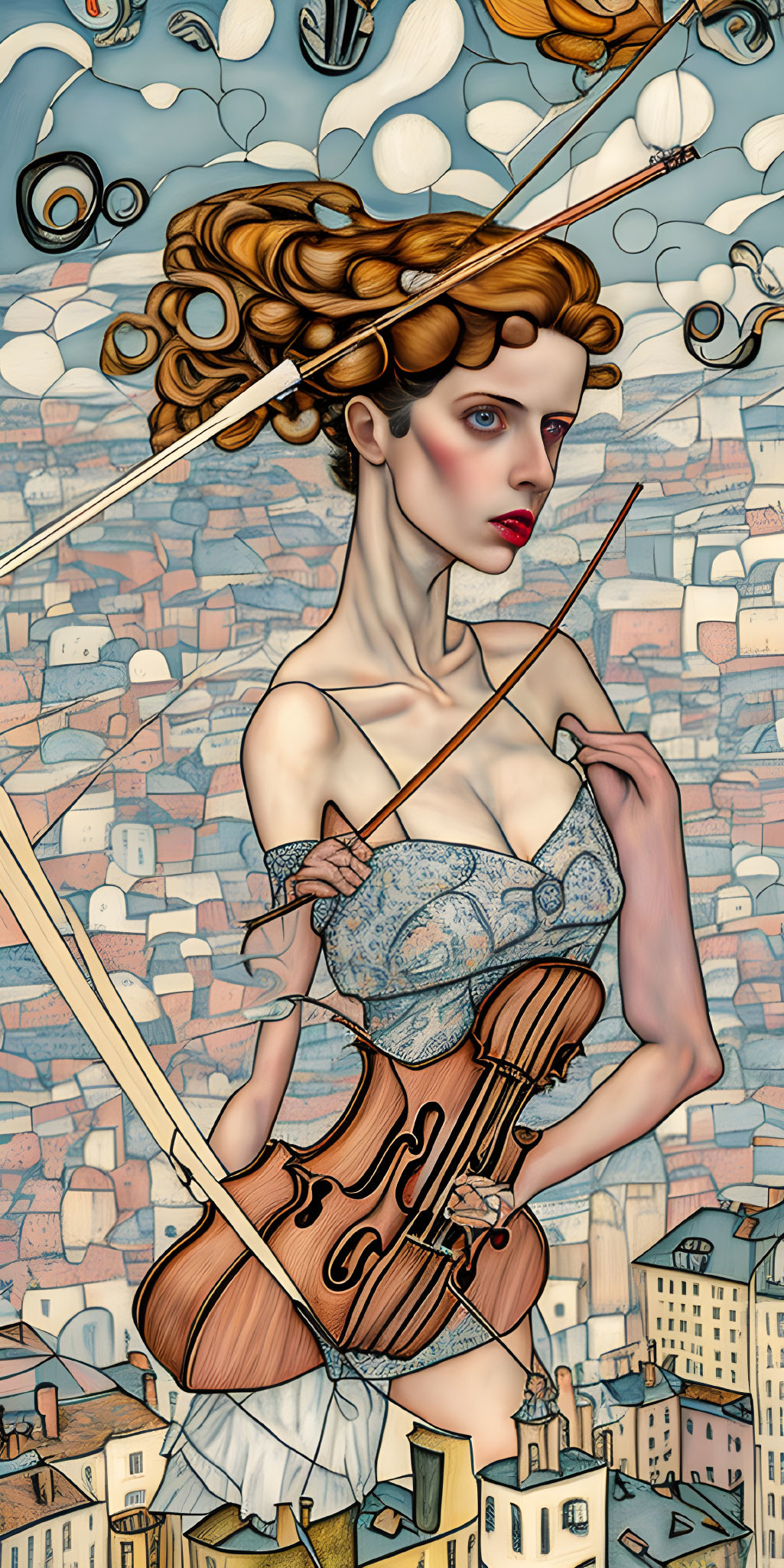 Illustrated woman with violin and flowing hair in whimsical cityscape.