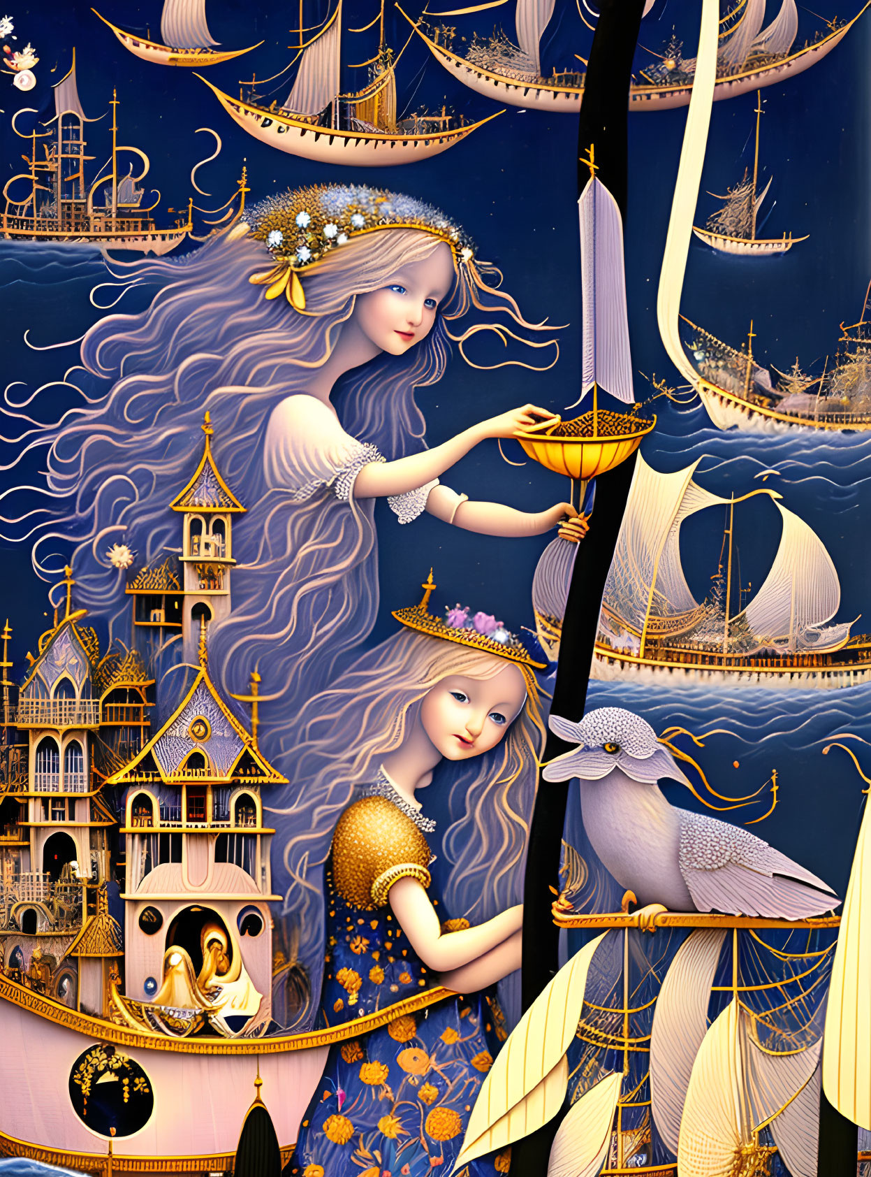 Ethereal fantasy art: two women, flowing hair, sea, ships, castle, golden har