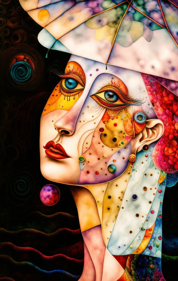 Colorful surreal painting of fragmented woman's face with umbrella in whimsical backdrop