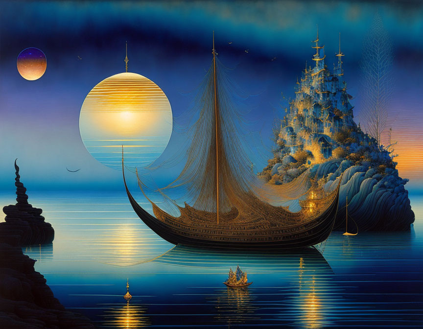 Mystical sea scene at dusk with large ornate ship, moon-like orbs, snowy island,