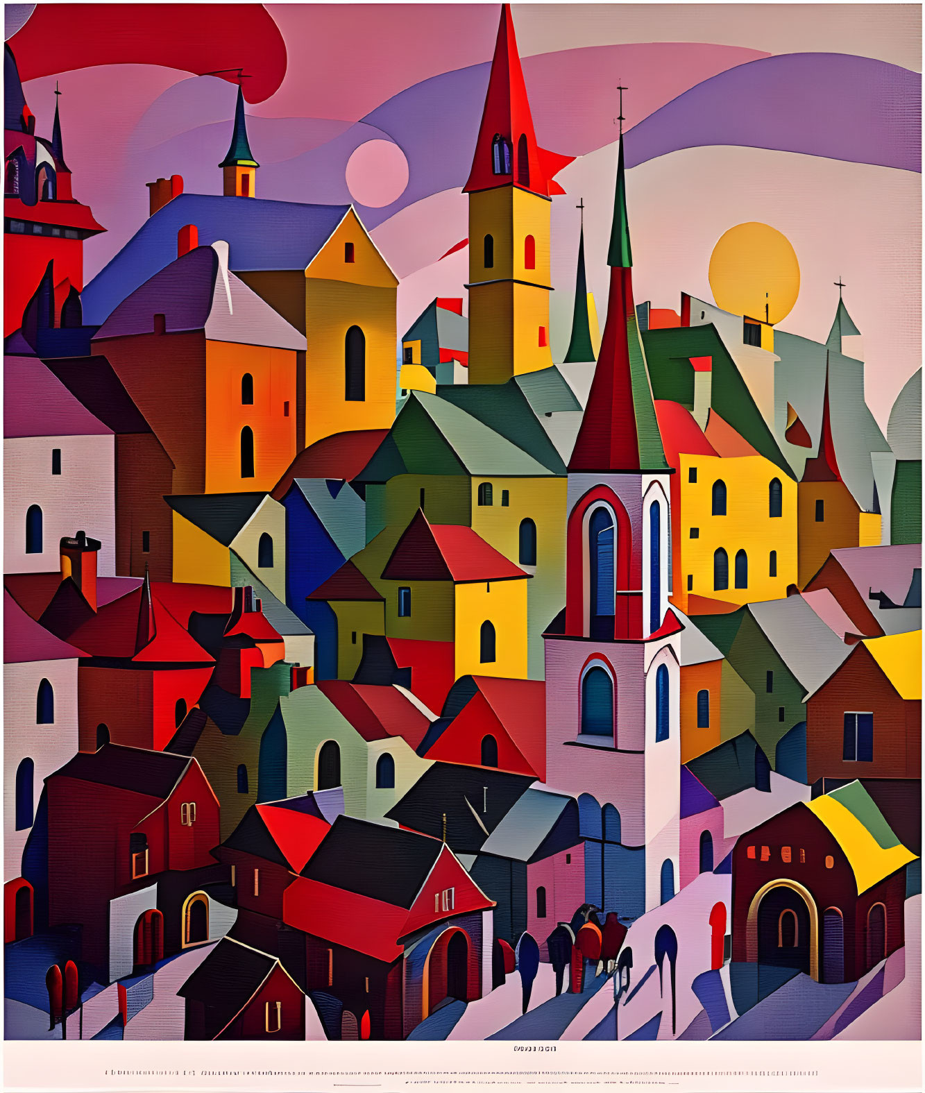 Vibrant village painting with geometric shapes and colorful hues