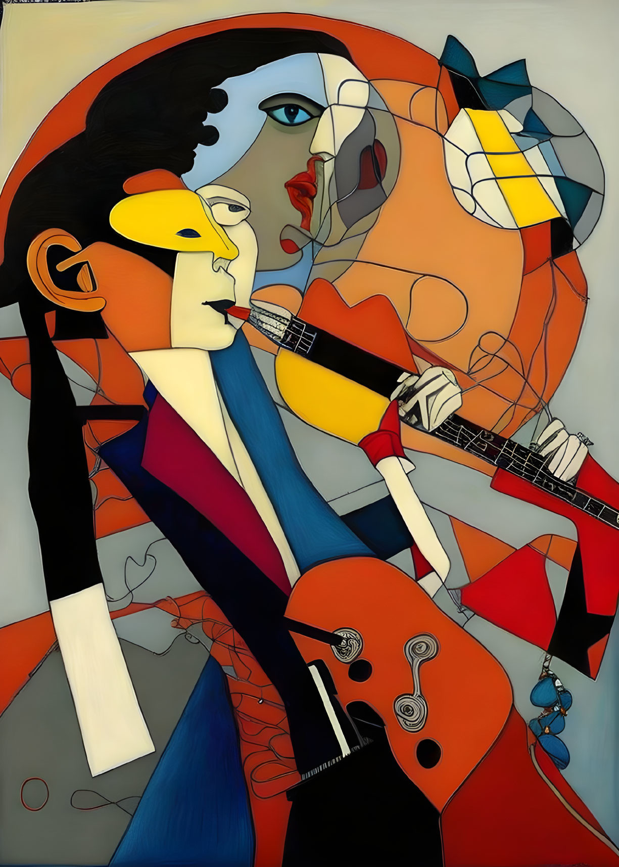 Colorful Abstract Painting: Stylized Figure Playing Guitar