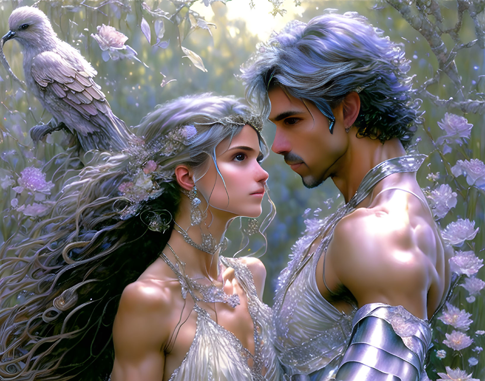 Intricately detailed fantasy couple in mystical forest with grey bird