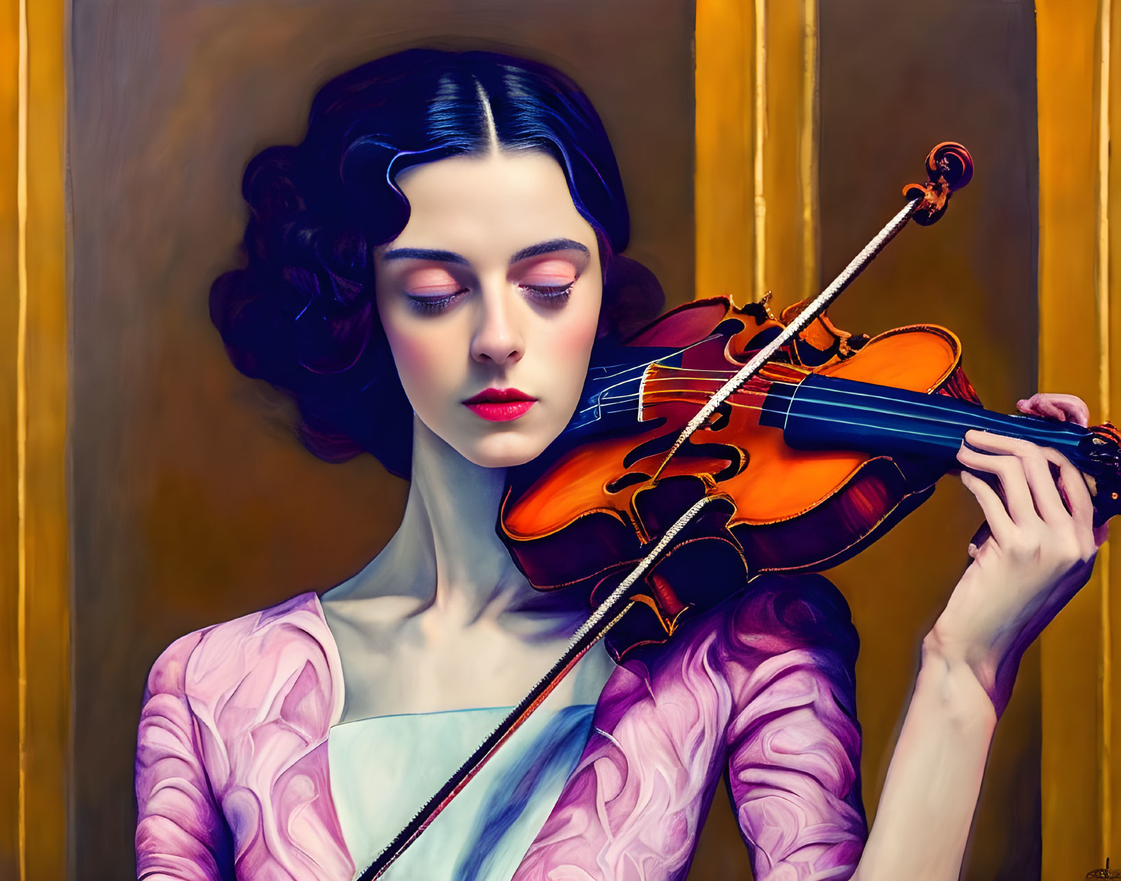 Dark-haired woman playing violin in purple dress against yellow and brown backdrop