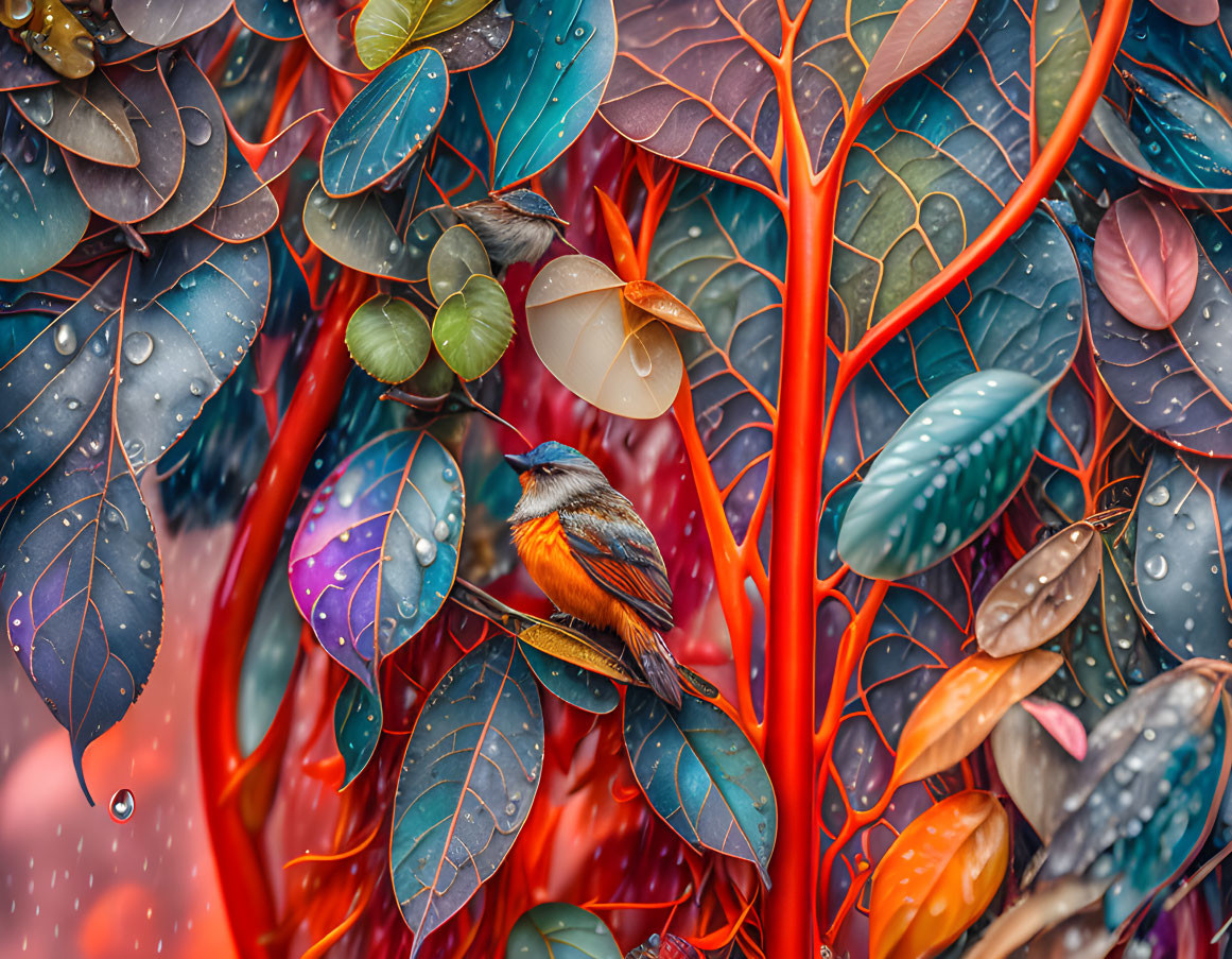 Colorful Bird Perched on Branch Among Multicolored Leaves with Raindrops