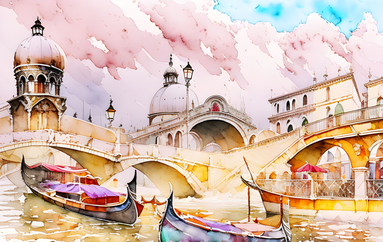 Venetian scenery watercolor with gondolas and bridges