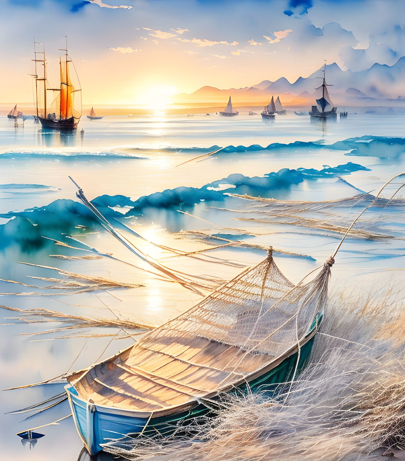 Tranquil Sunset Seascape with Wooden Boat and Sailing Ships