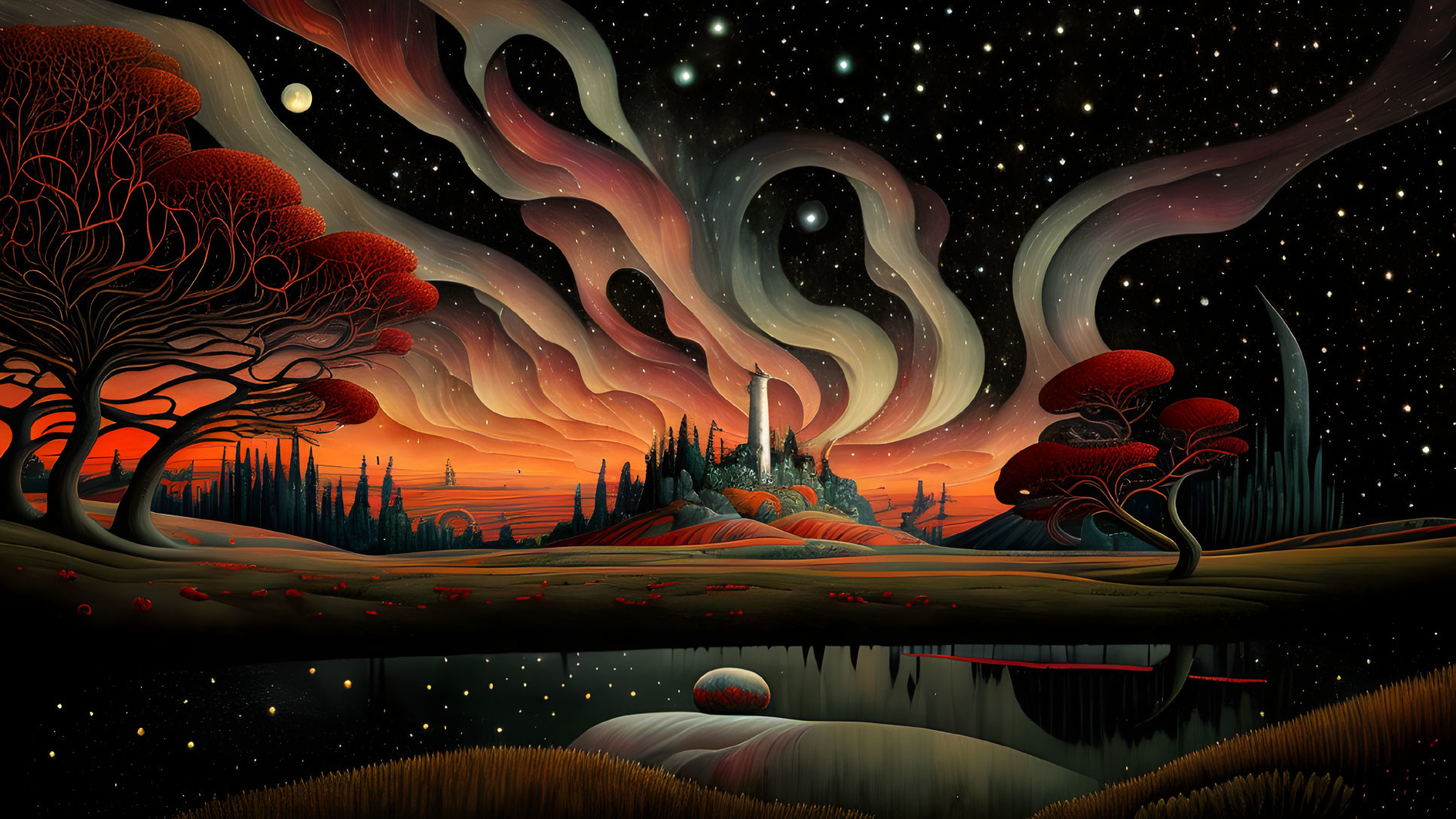 Surreal landscape with red-capped trees, swirling sky, reflective lake, and moonscape