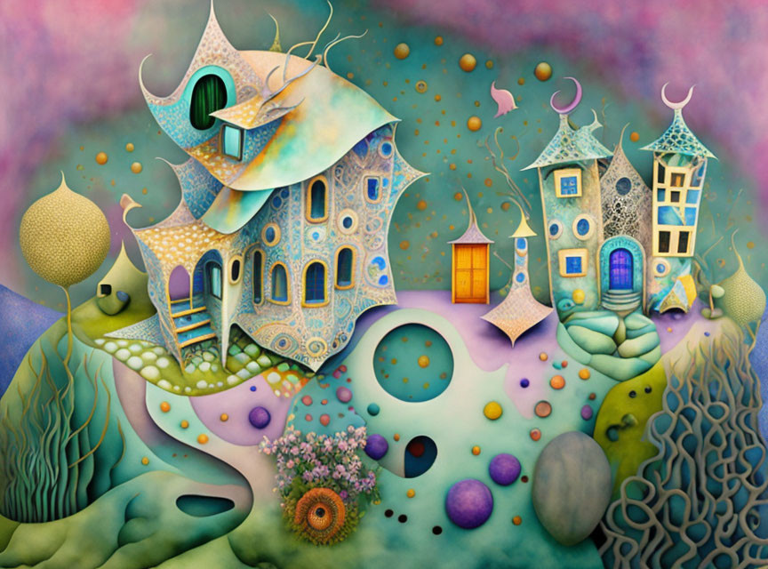 Colorful Stylized Houses in Surreal Landscape with Orbs and Floral Foreground