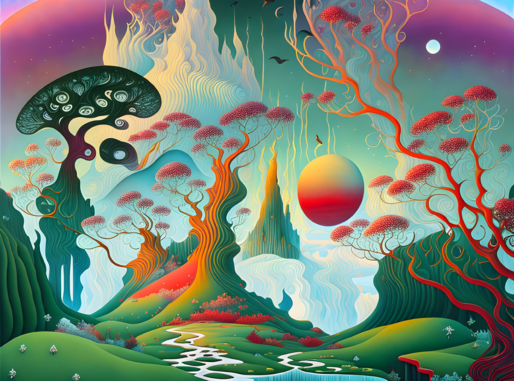 Colorful psychedelic landscape with whimsical trees, river, and mushroom structure.