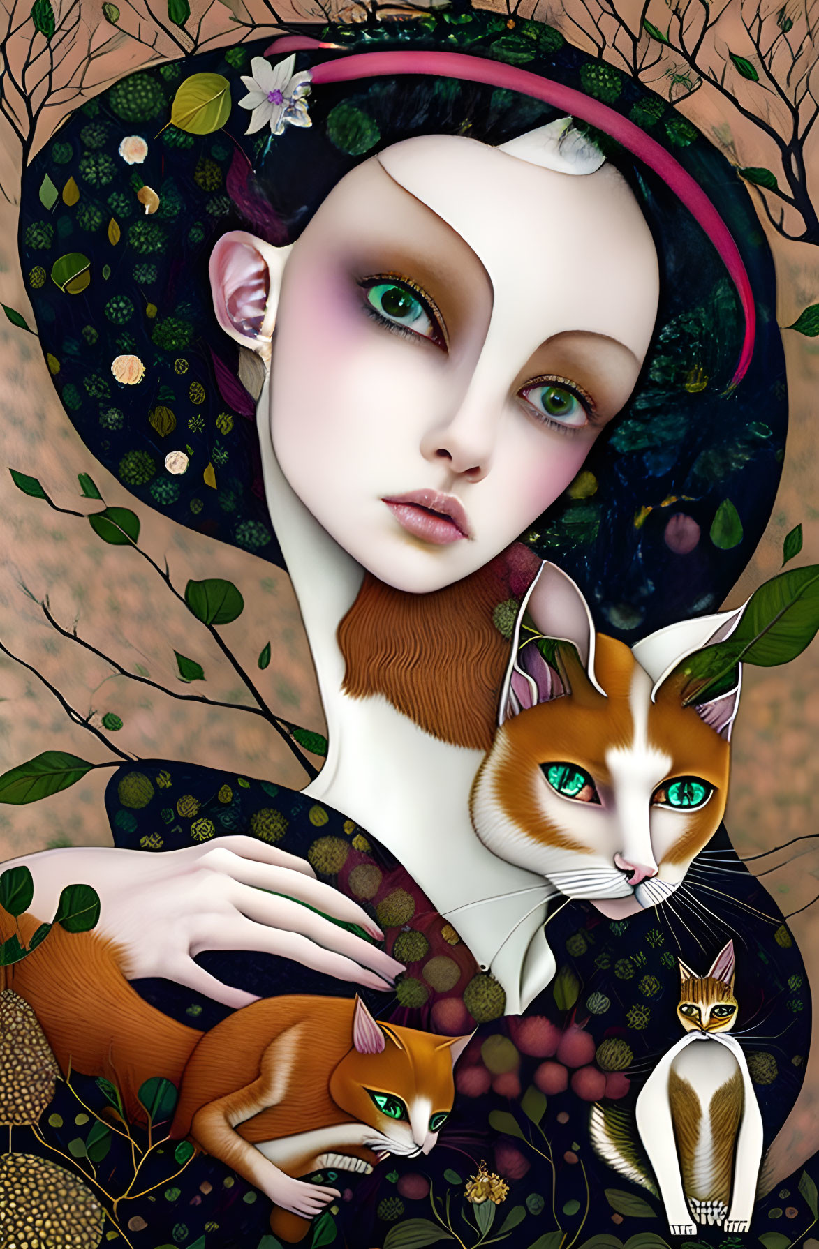 Illustration of pale woman with large eyes, surrounded by foliage, fruits, and two cats