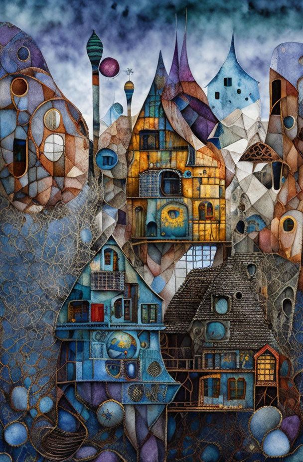 Vibrant abstract art: whimsical town with colorful, stylized buildings