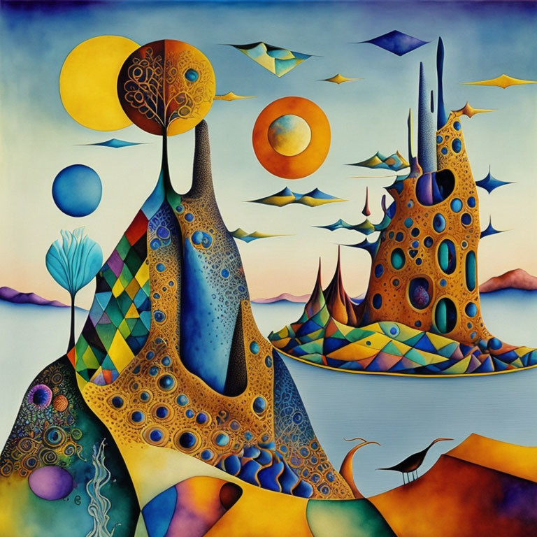 Vibrant surreal landscape painting with abstract towers and dual-mooned sky