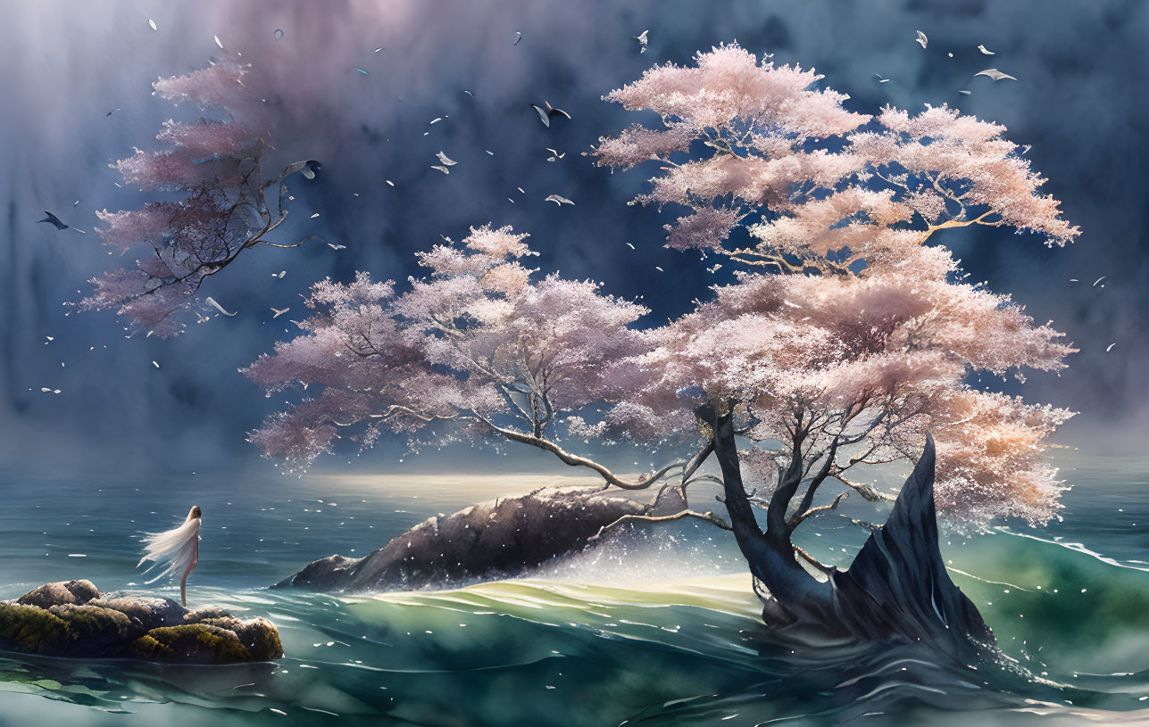 Tranquil cherry blossom trees with whale, birds, and foggy sea