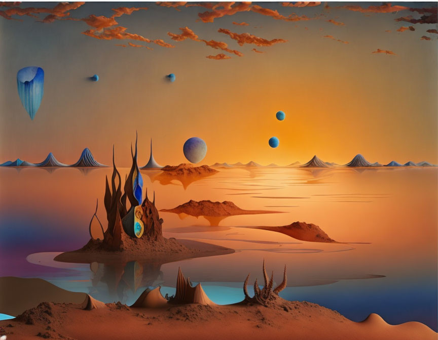 Surreal landscape with floating spheres and jellyfish-like entities in fiery orange backdrop