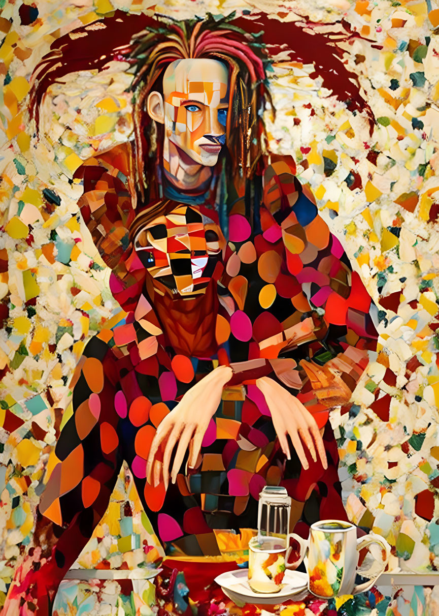 Colorful Abstract Painting: Person with Geometric Features at Table