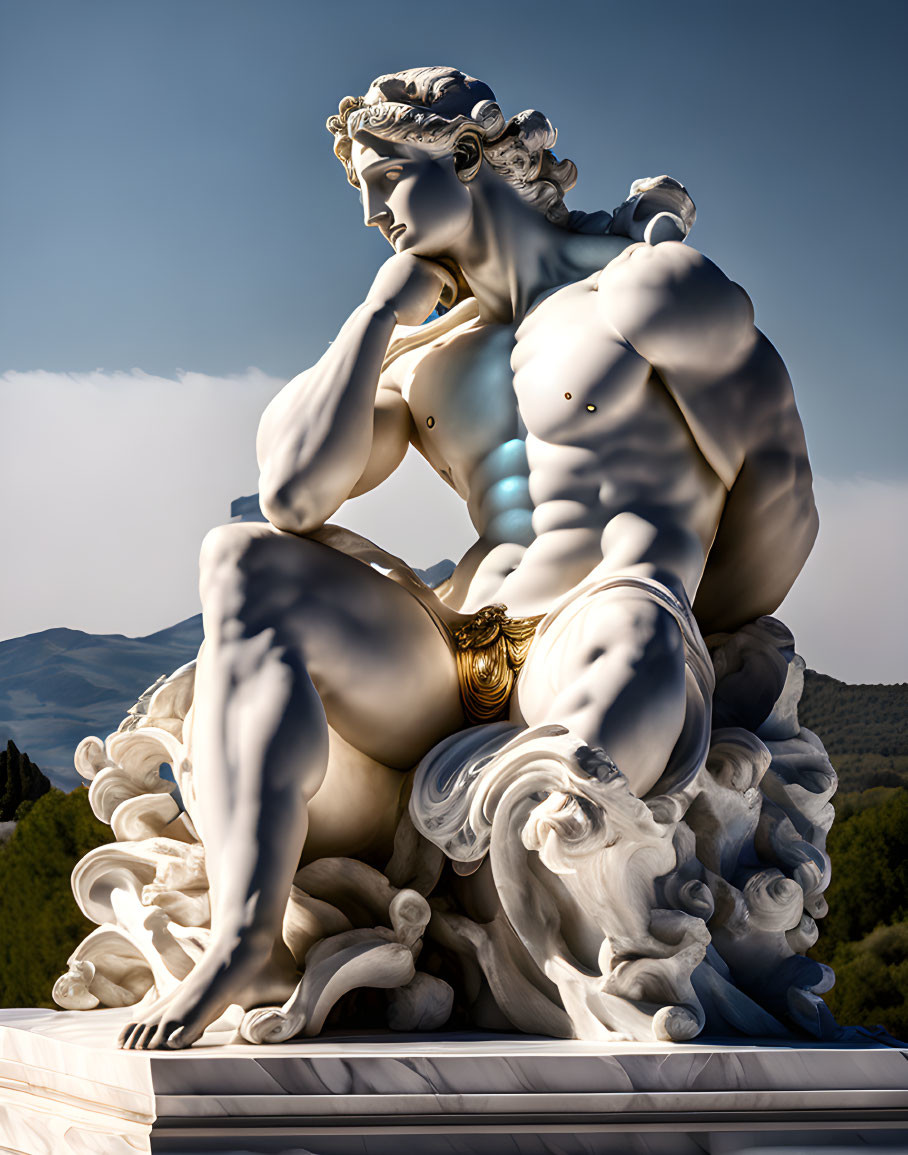 Detailed sculpture of seated male figure with laurel wreath and serene expression