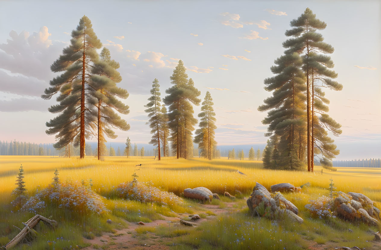 Tranquil landscape with tall pine trees and golden meadow at sunrise or sunset