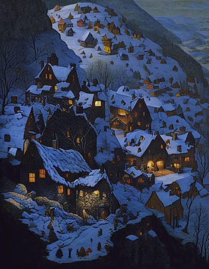 Snow-covered village at night with glowing windows & winding paths