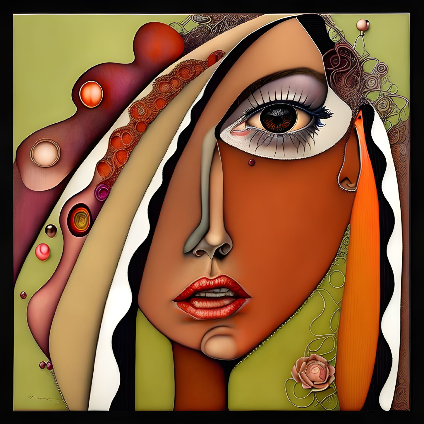 Abstract art: Stylized female face with surreal elements and warm tones