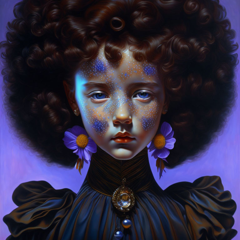 Surreal portrait of a girl with starry complexion and Victorian attire