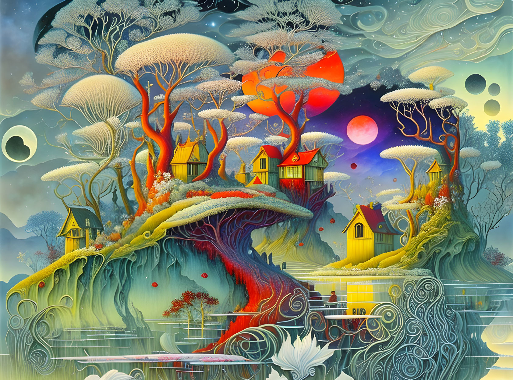 Fantastical landscape with whimsical trees and colorful houses