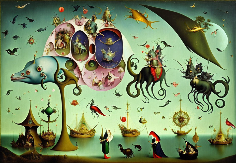 Fantastical surreal painting with hybrid creatures and celestial orbs