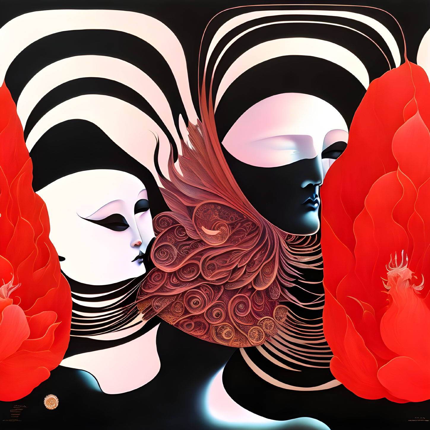 Abstract Art: Stylized Faces with Swirling Hair and Red Flowers