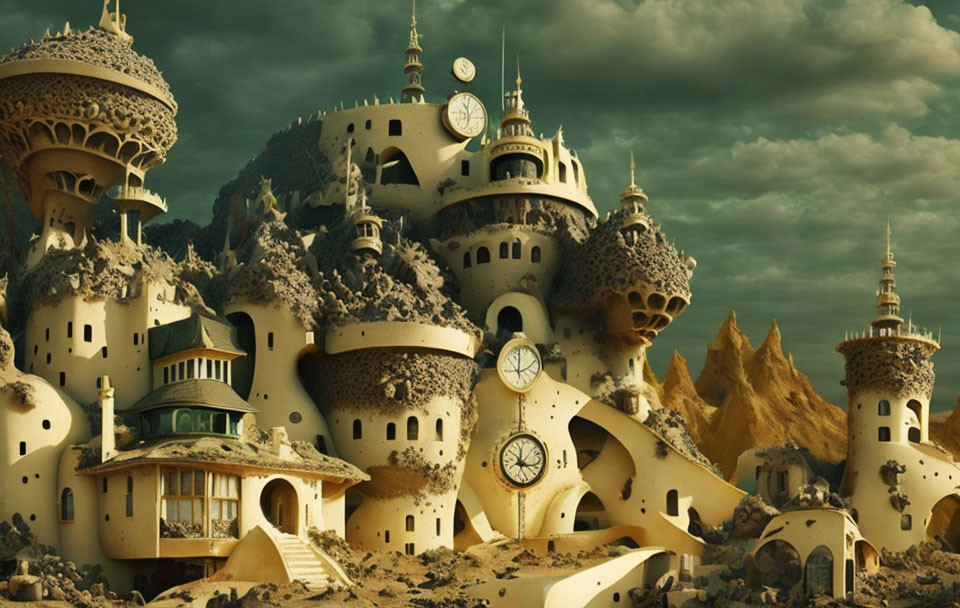 Fantasy castle with towers and domes against rocky backdrop under cloudy sky