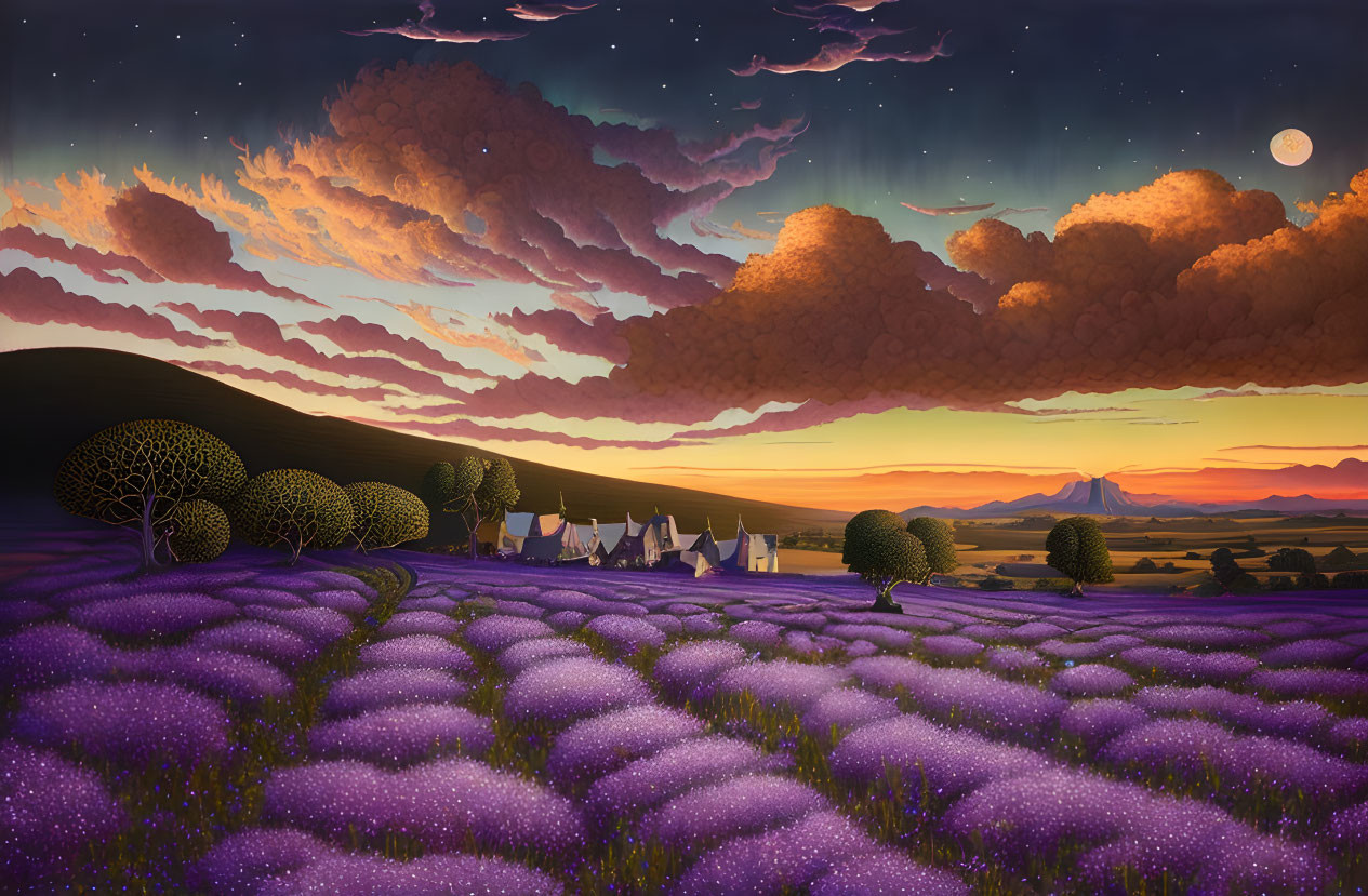 Scenic dusk landscape with lavender fields, tents, rolling hills, and vibrant sunset sky